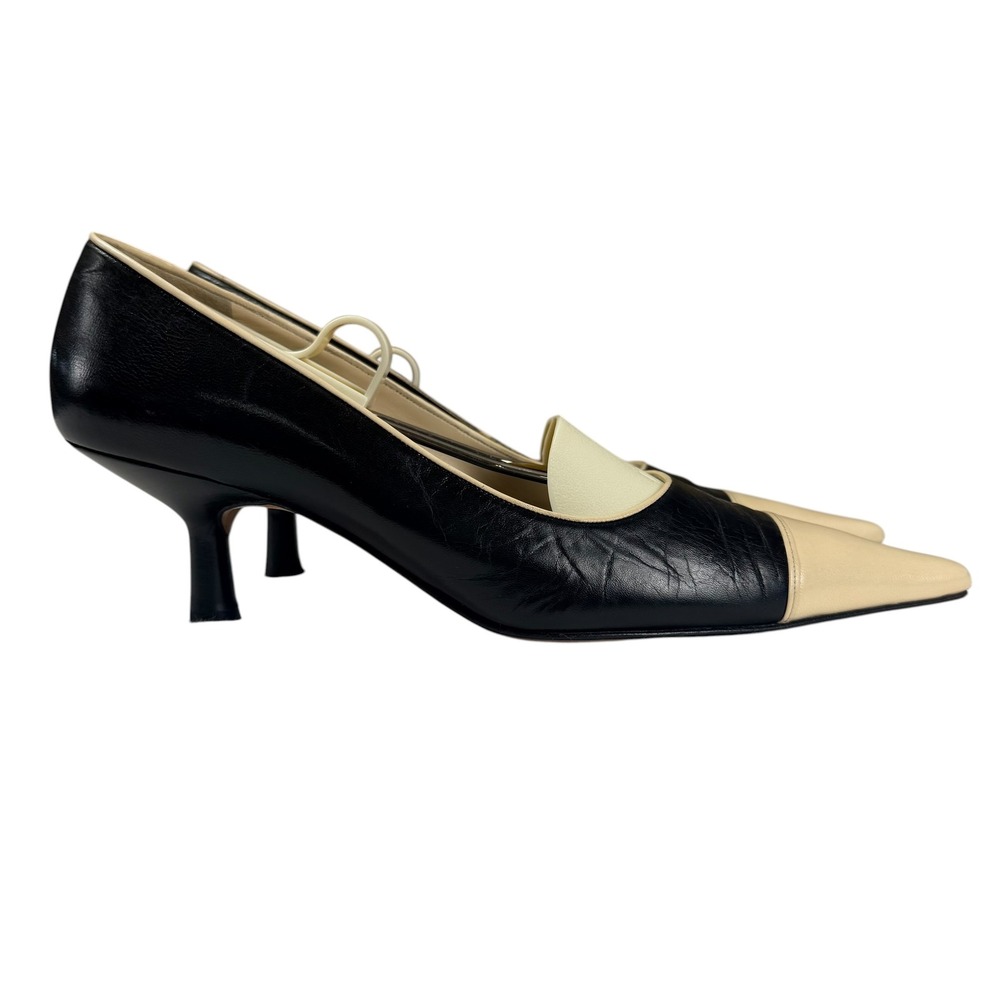 CHANEL Cap Toe Pumps Beige Black Leather Kitten Heels Designer Luxe Parisian 8